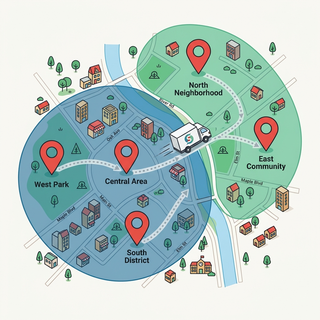 Service area map with route lines and location pins showing plumbing service zones